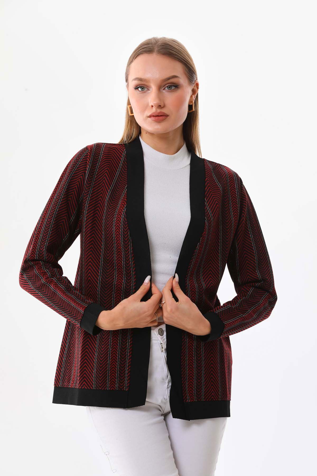 Sistas Kadın Desenli Önü Açık Ceket 23958 Bordo - 1