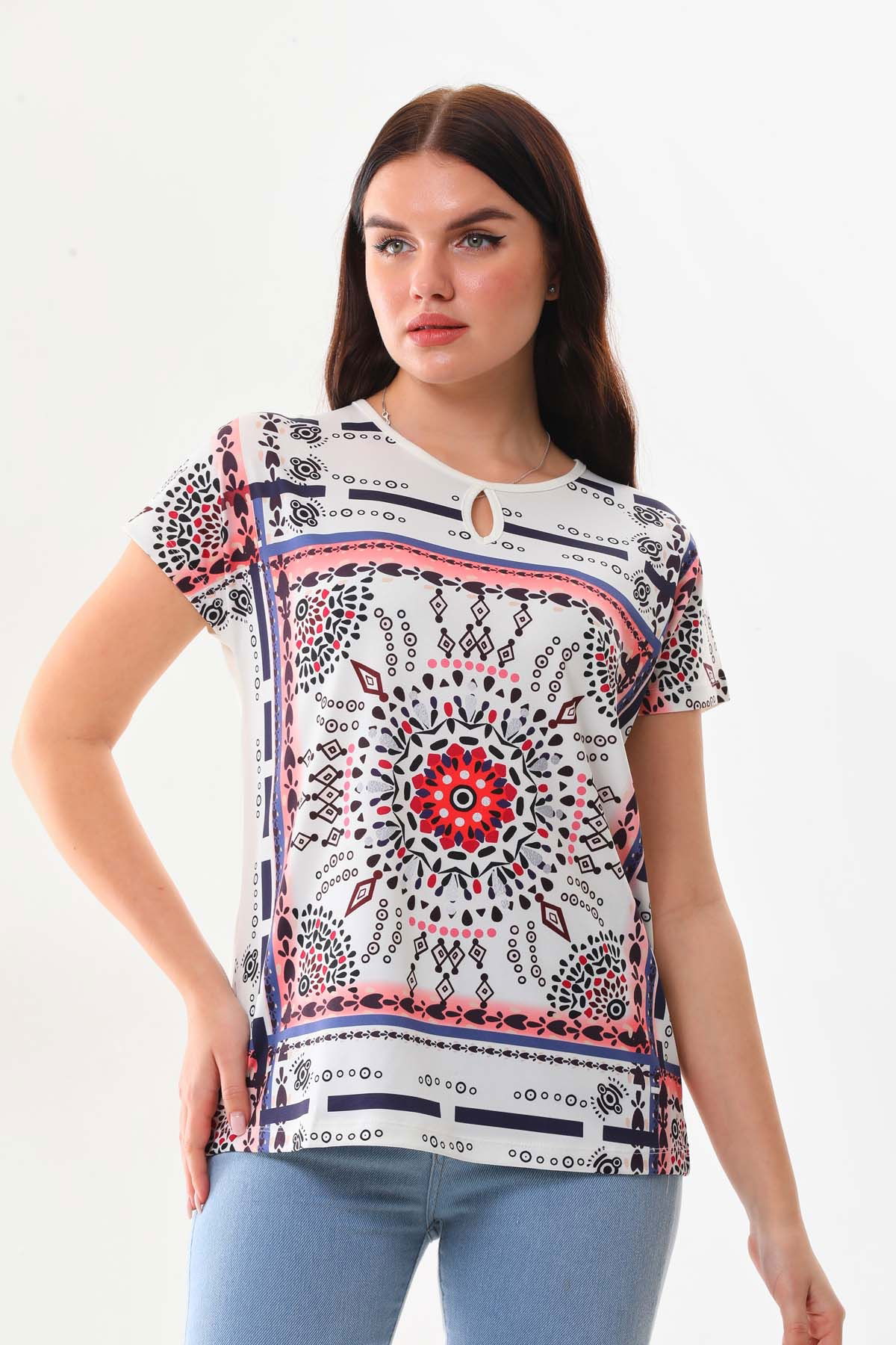 Sistas Kadın Desenli Pencere Detaylı Kısa Kol Bluz 23145 Ekru - 1