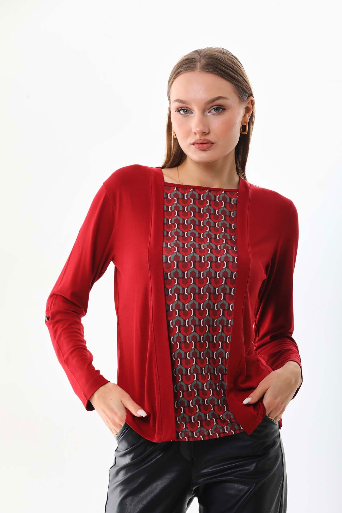 Sistas Kadın Desenli Uzun Kol Bluz 23525 Bordo - 1