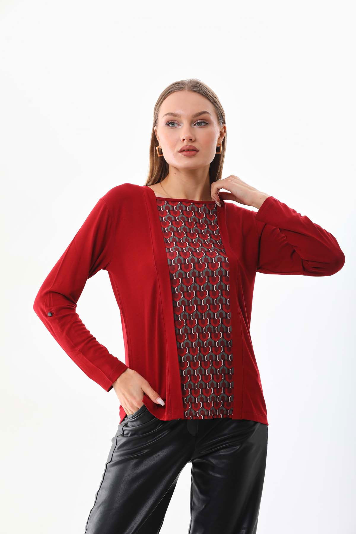 Sistas Kadın Desenli Uzun Kol Bluz 23525 Bordo - 3