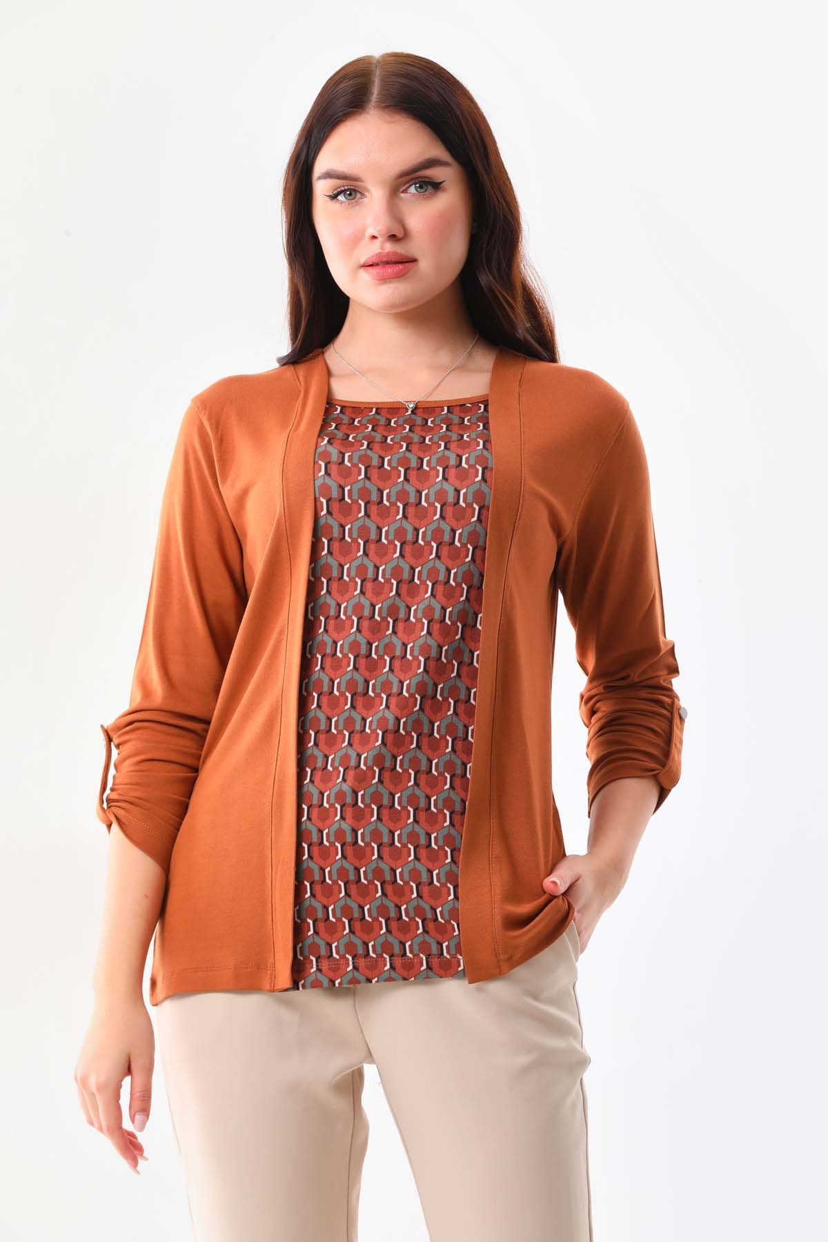 Sistas Kadın Desenli Uzun Kol Bluz 23525 Camel - 1