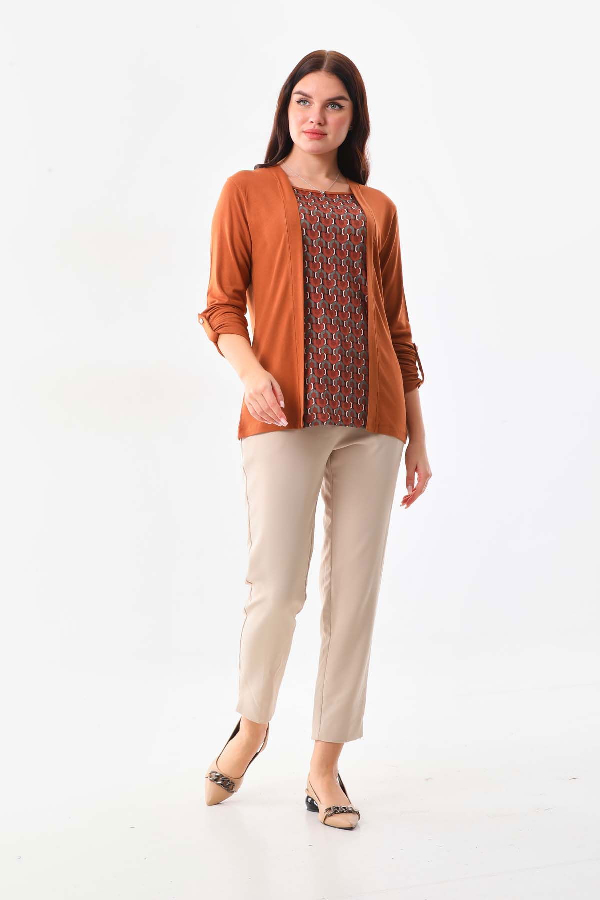 Sistas Kadın Desenli Uzun Kol Bluz 23525 Camel - 2