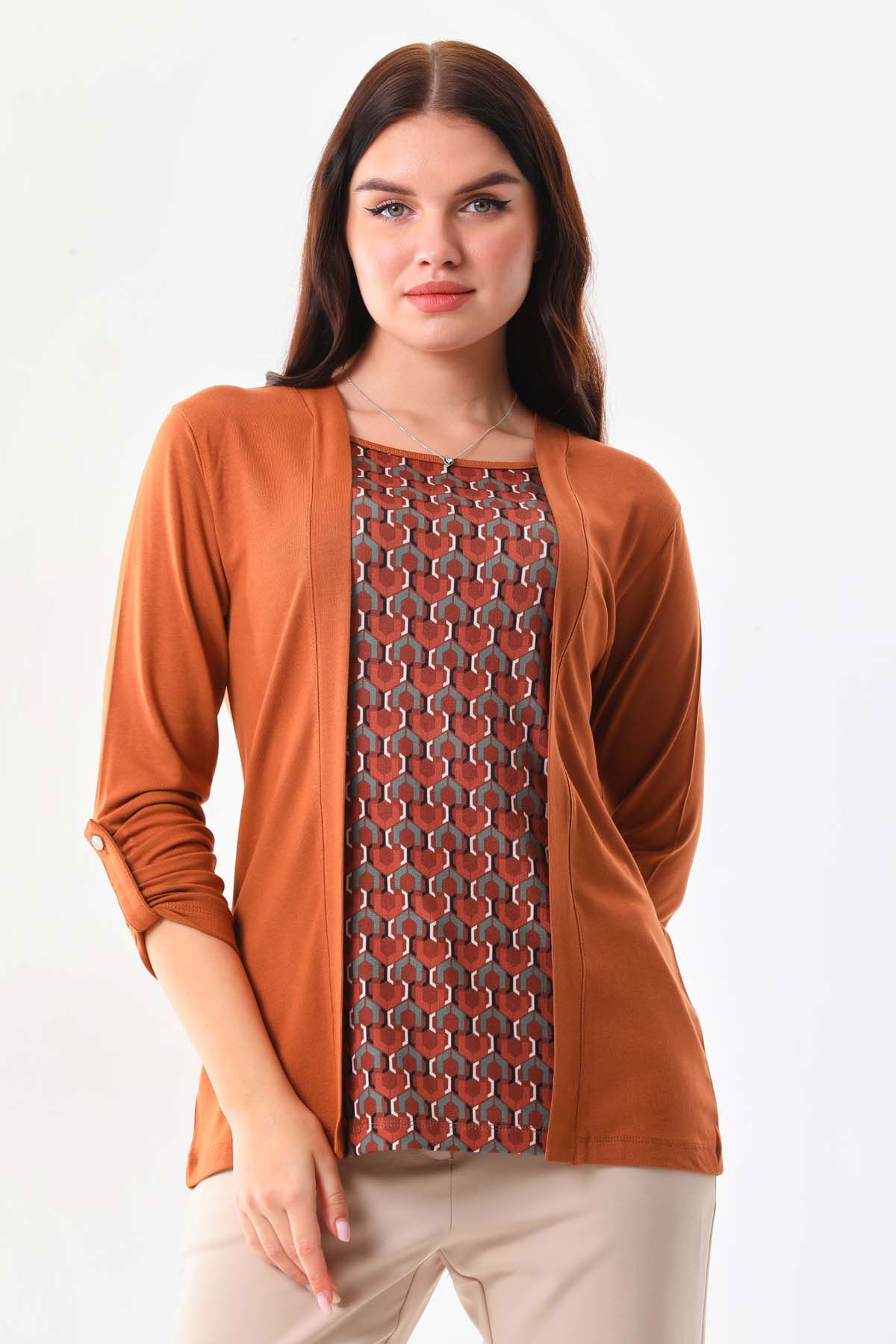 Sistas Kadın Desenli Uzun Kol Bluz 23525 Camel - 3