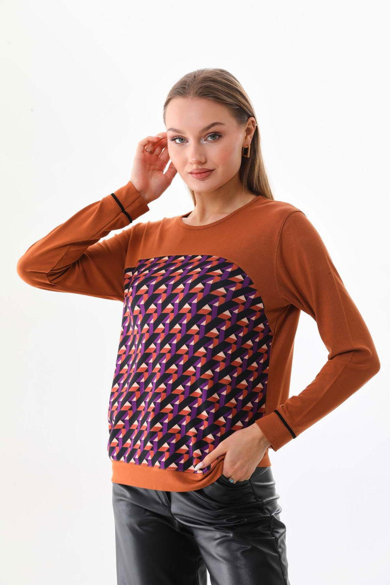 Sistas Kadın Desenli Uzun Kol Bluz 23618 Camel 