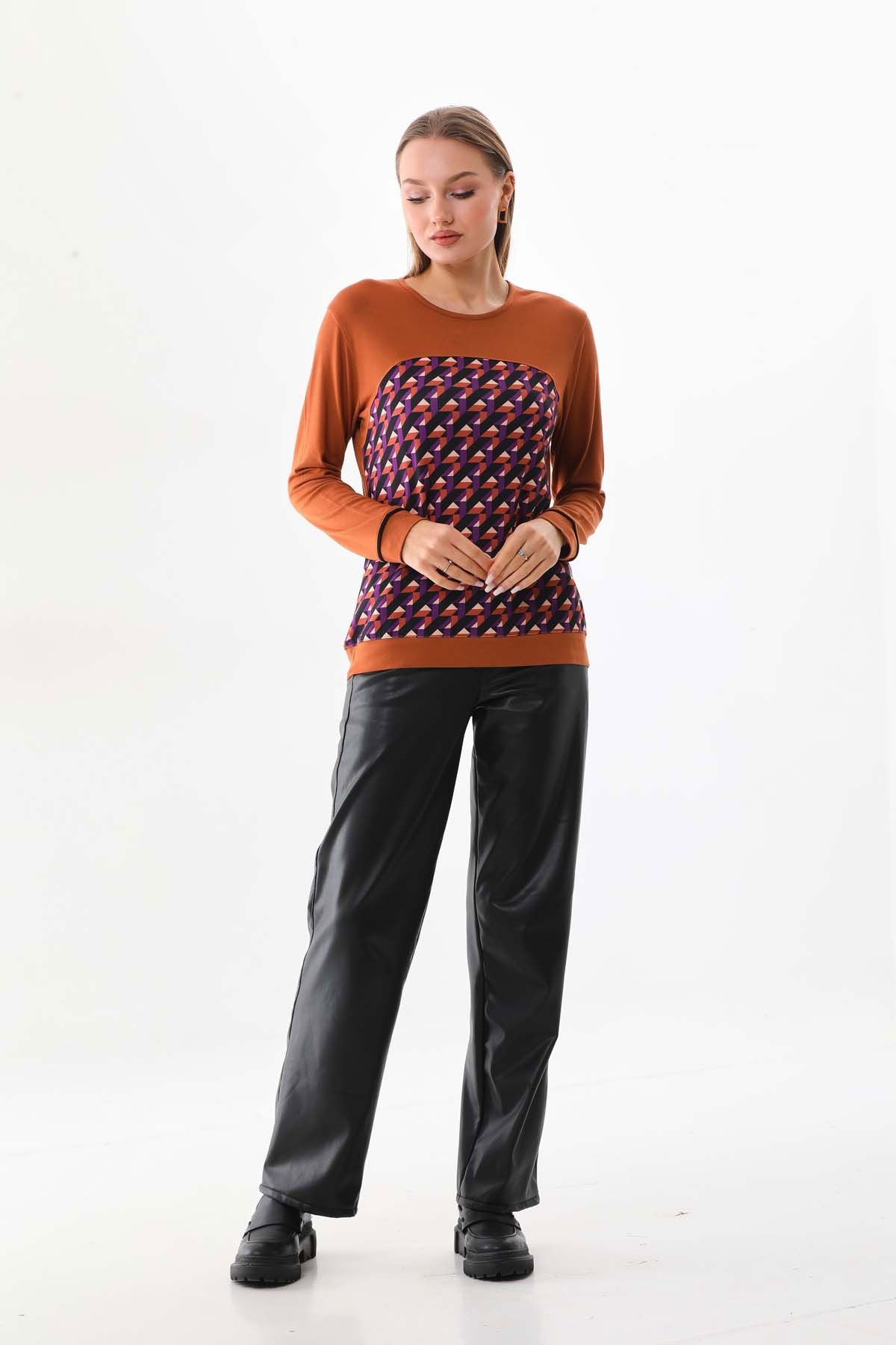 Sistas Kadın Desenli Uzun Kol Bluz 23618 Camel - 2