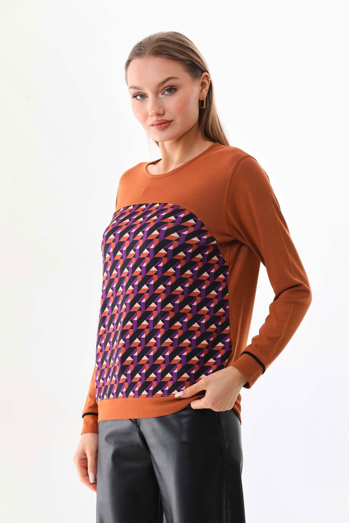 Sistas Kadın Desenli Uzun Kol Bluz 23618 Camel - 3