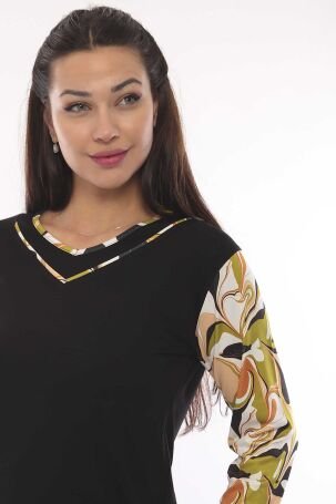 Sistas Kadın Desenli Uzun Kol V Yaka Penye Bluz Siyah - 3