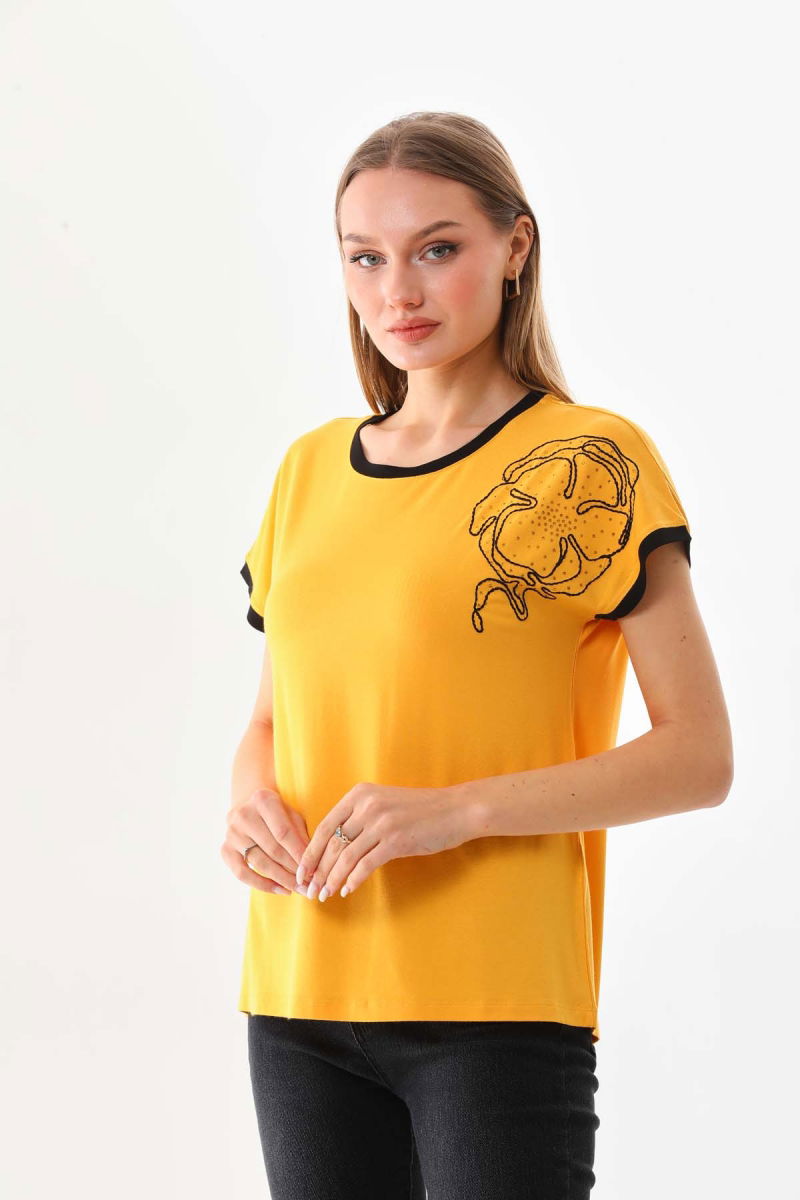 Sistas Kadın İşleme Detaylı Kısa Kol Bluz 23002 Sarı - 3