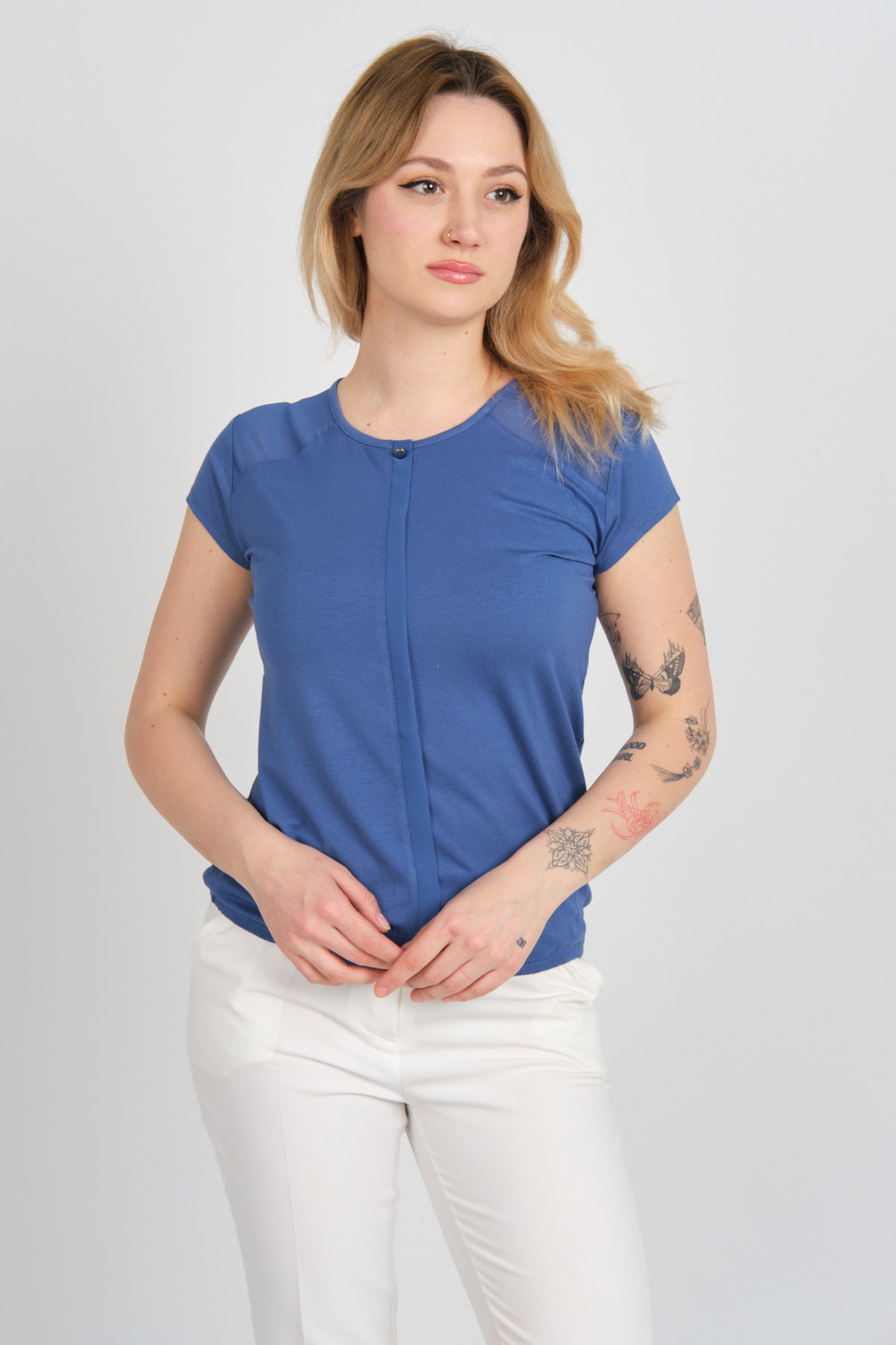Sistas Kadın Sırt ve Omzu Tül Detaylı Beli Lastikli Bisiklet Yaka Bluz 23064 Indigo - 1