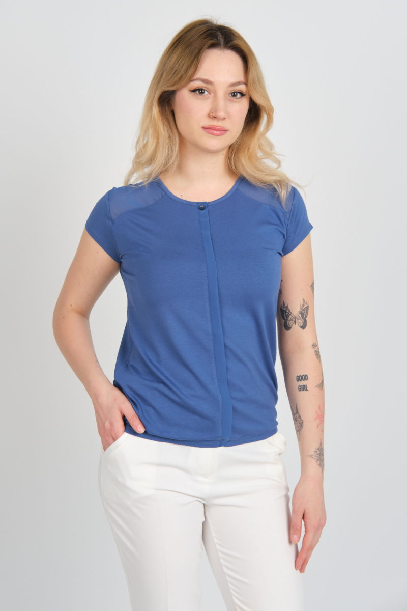 Sistas Kadın Sırt ve Omzu Tül Detaylı Beli Lastikli Bisiklet Yaka Bluz 23064 Indigo - 3