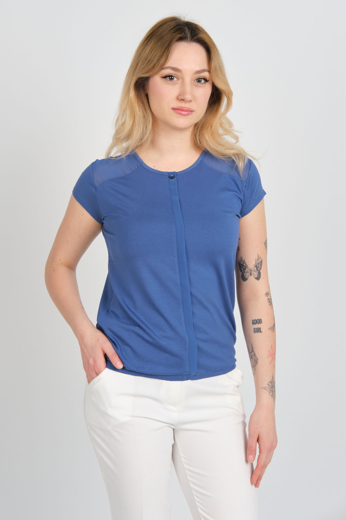 Sistas Kadın Sırt ve Omzu Tül Detaylı Beli Lastikli Bisiklet Yaka Bluz 23064 Indigo - 3