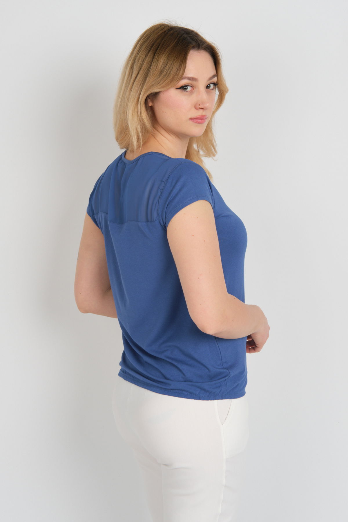 Sistas Kadın Sırt ve Omzu Tül Detaylı Beli Lastikli Bisiklet Yaka Bluz 23064 Indigo - 4