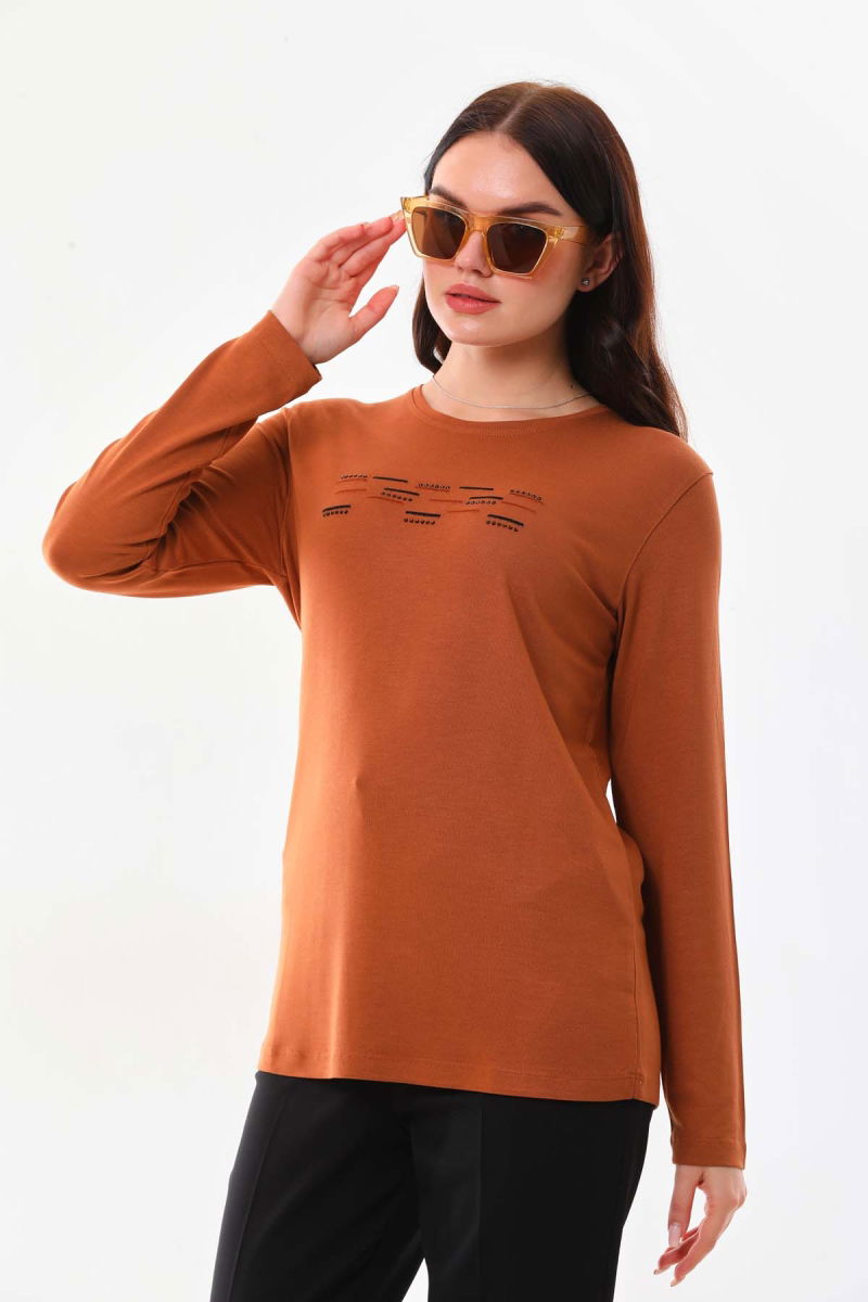 Sistas Kadın Taş Süsleme Detaylı Uzun Kol Bluz 23567 Camel 