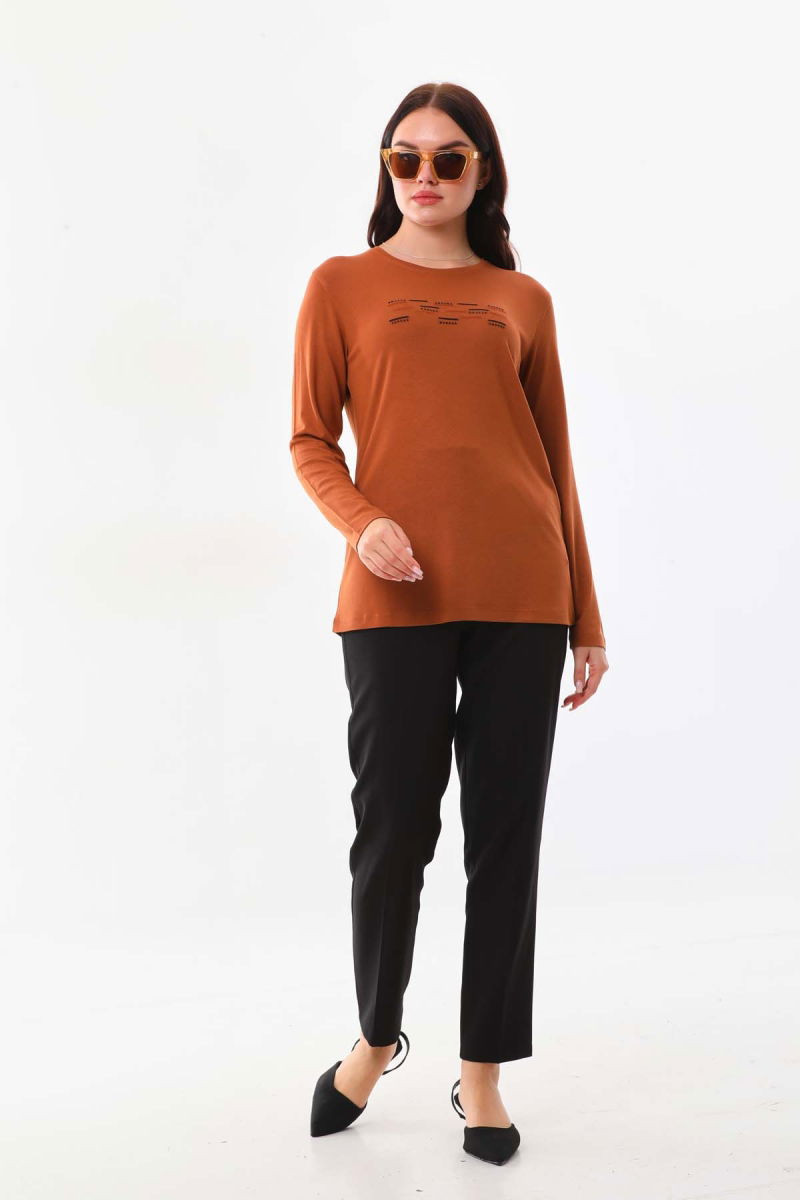 Sistas Kadın Taş Süsleme Detaylı Uzun Kol Bluz 23567 Camel - 2