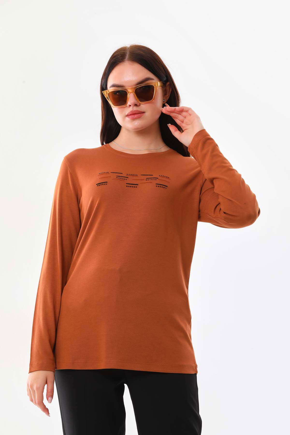 Sistas Kadın Taş Süsleme Detaylı Uzun Kol Bluz 23567 Camel - 3
