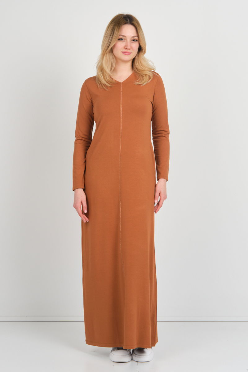 Sistas Kadın V Yaka Çift Cepli İnce Şerit Detaylı Maxi Elbise 23813 Camel - 1