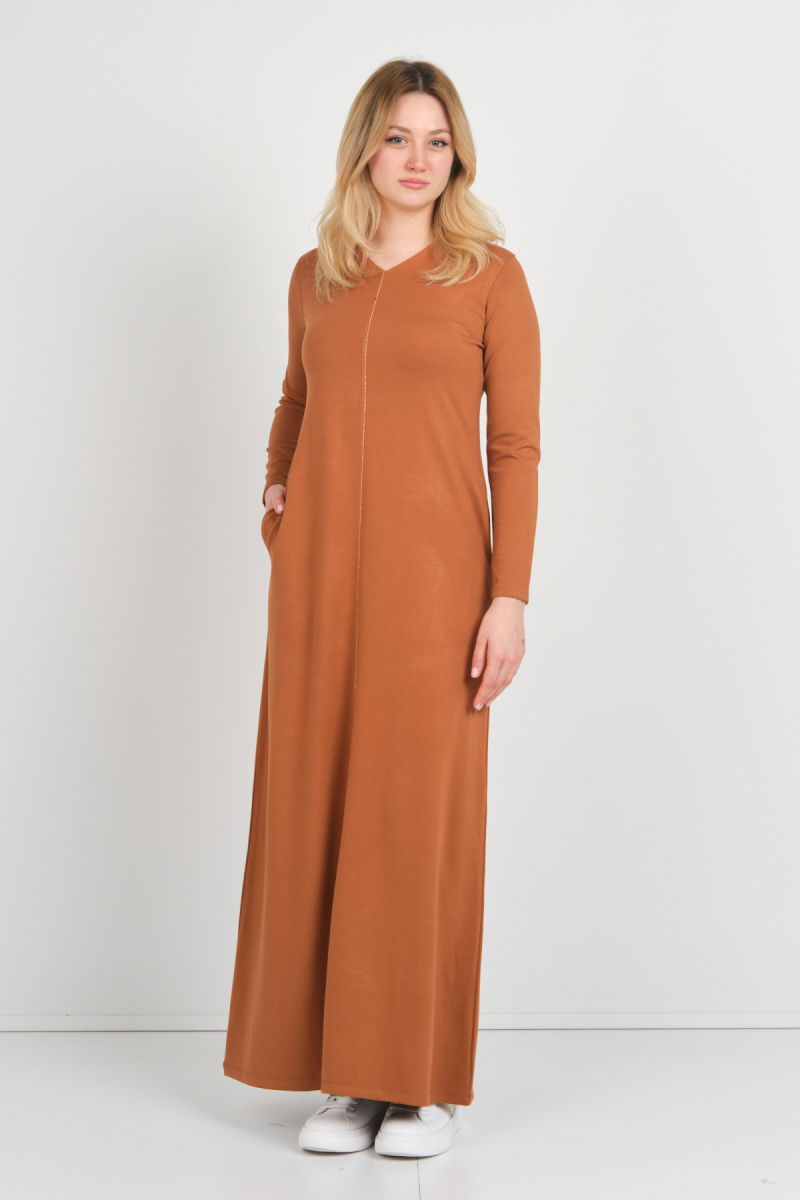 Sistas Kadın V Yaka Çift Cepli İnce Şerit Detaylı Maxi Elbise 23813 Camel - 3