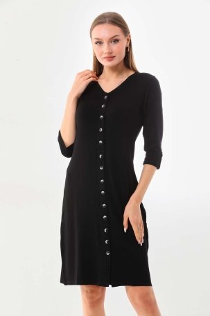 Sistas Kadın V Yaka Düğme Detaylı Elbise 22445 Siyah - 1
