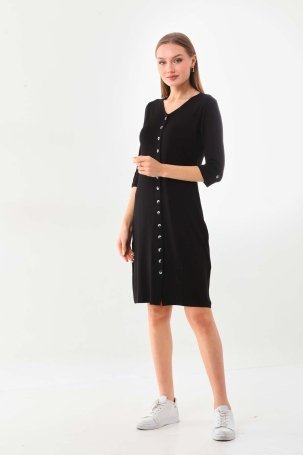 Sistas Kadın V Yaka Düğme Detaylı Elbise 22445 Siyah - 2
