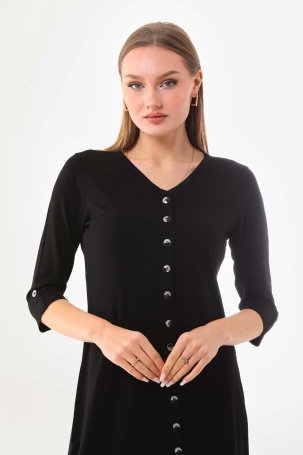 Sistas Kadın V Yaka Düğme Detaylı Elbise 22445 Siyah - 3
