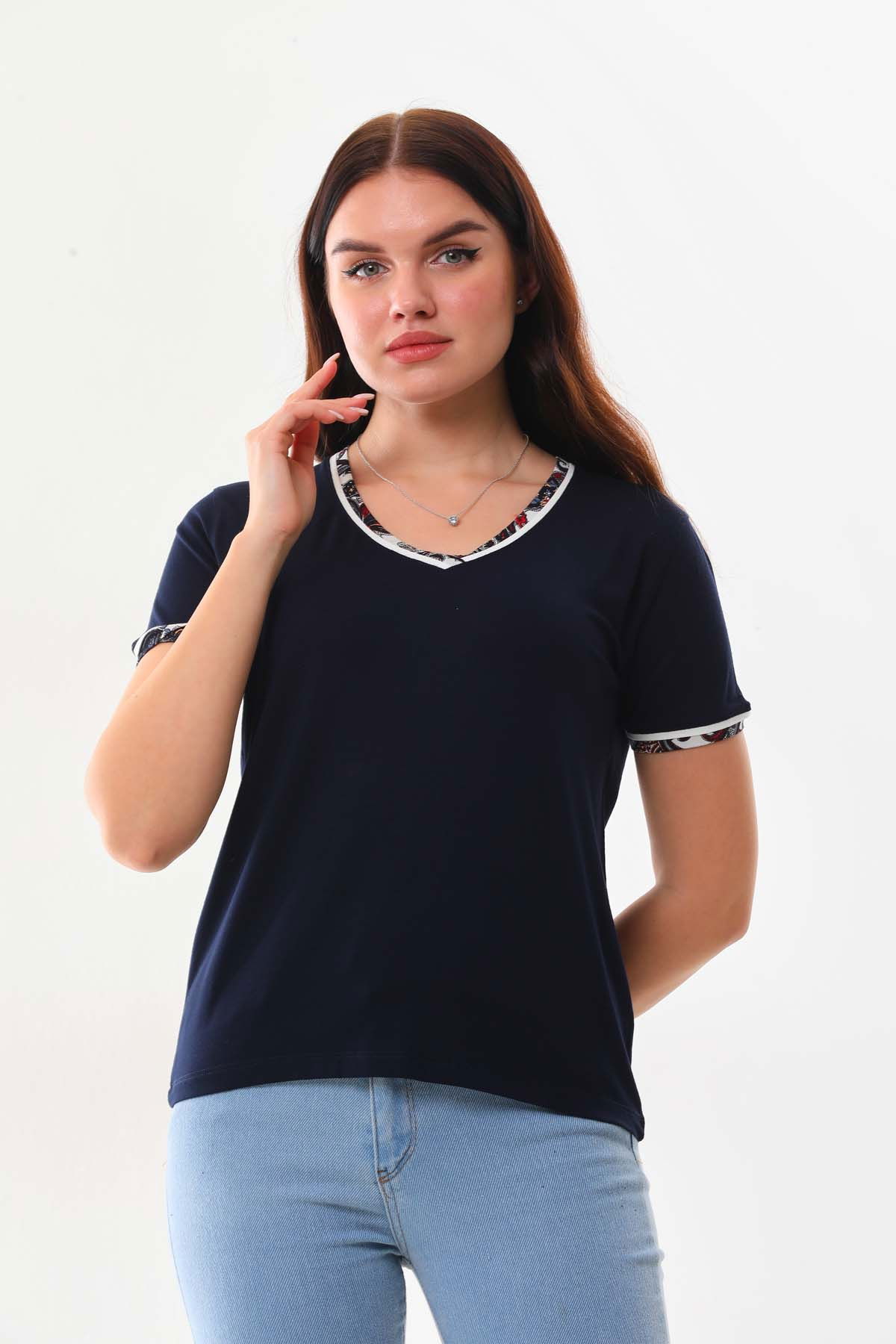 Sistas Kadın V Yaka Kısa Kol Bluz 23176 Lacivert - 3