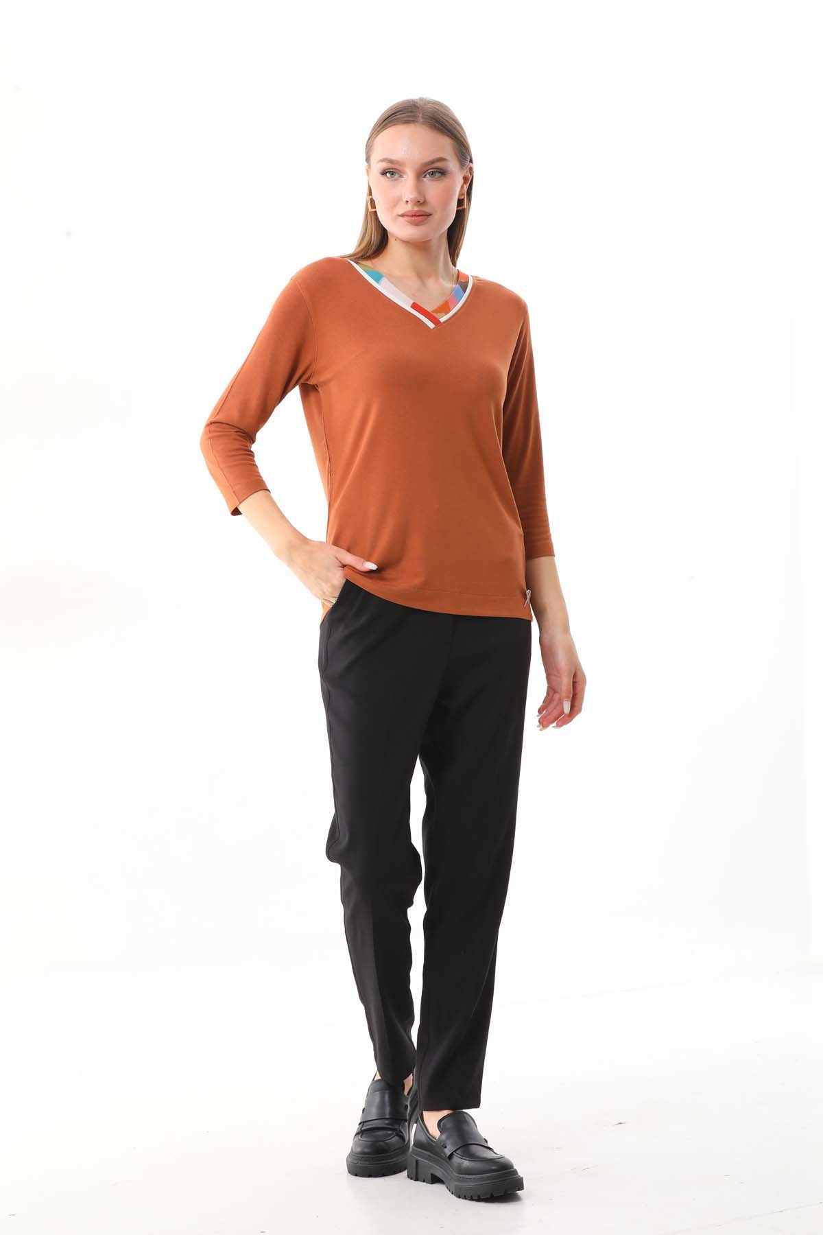 Sistas Kadın V Yaka Truvakar Kol Bluz 23588 Camel - 2