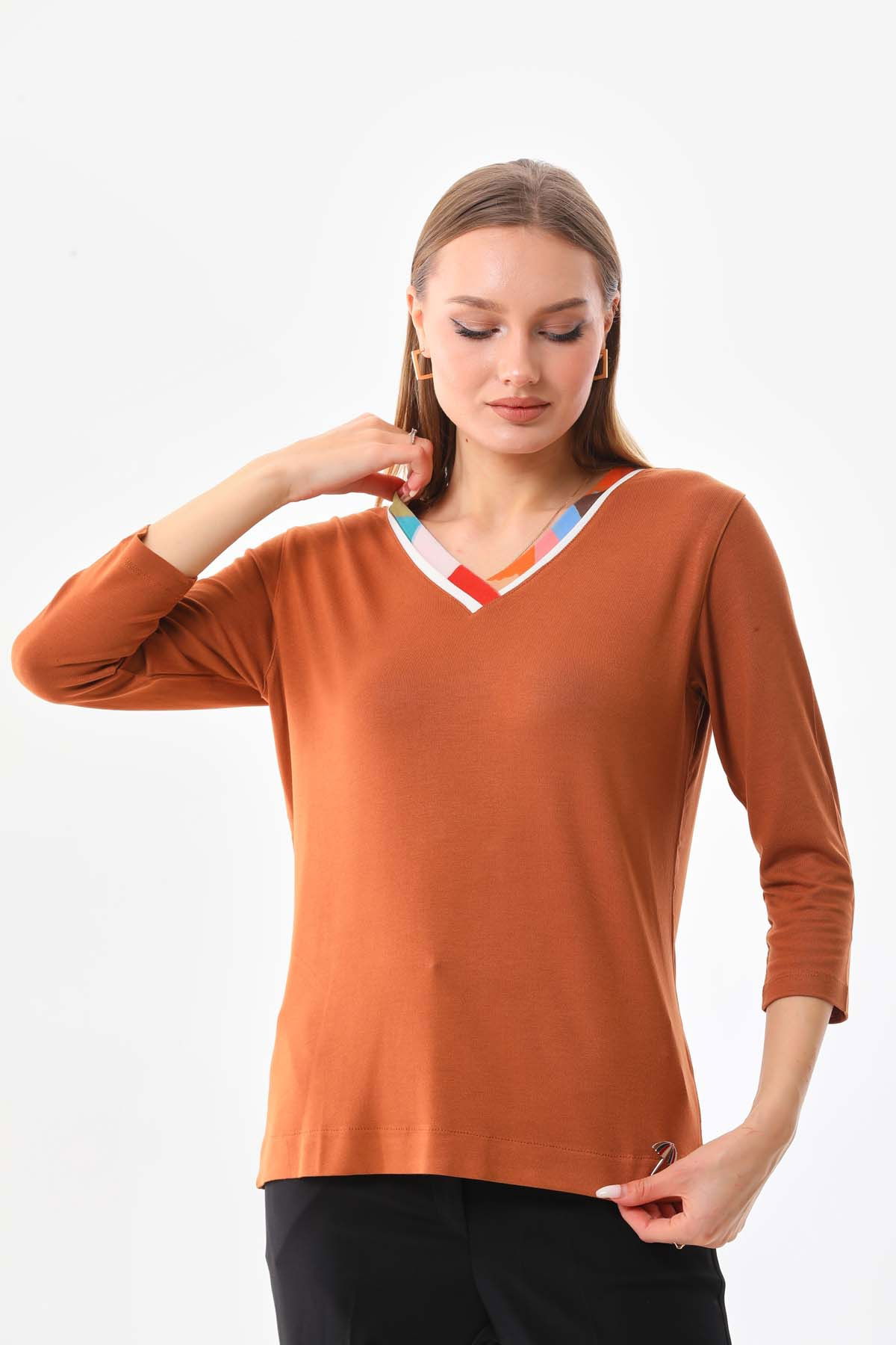 Sistas Kadın V Yaka Truvakar Kol Bluz 23588 Camel - 3