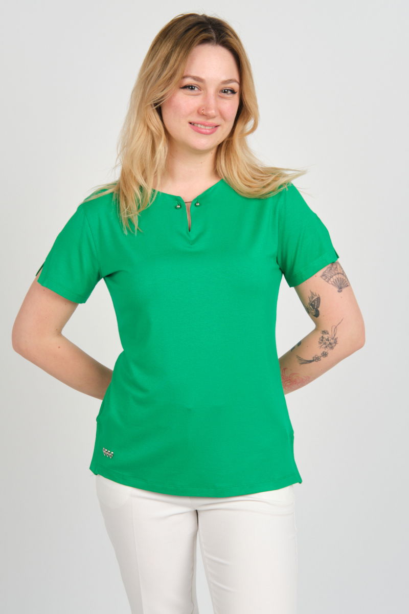 Sistas Kadın Yakası Tokalı Etek ve Kolları Yırtmaçlı Metal Süs Detaylı Bluz 24132 Benetton 
