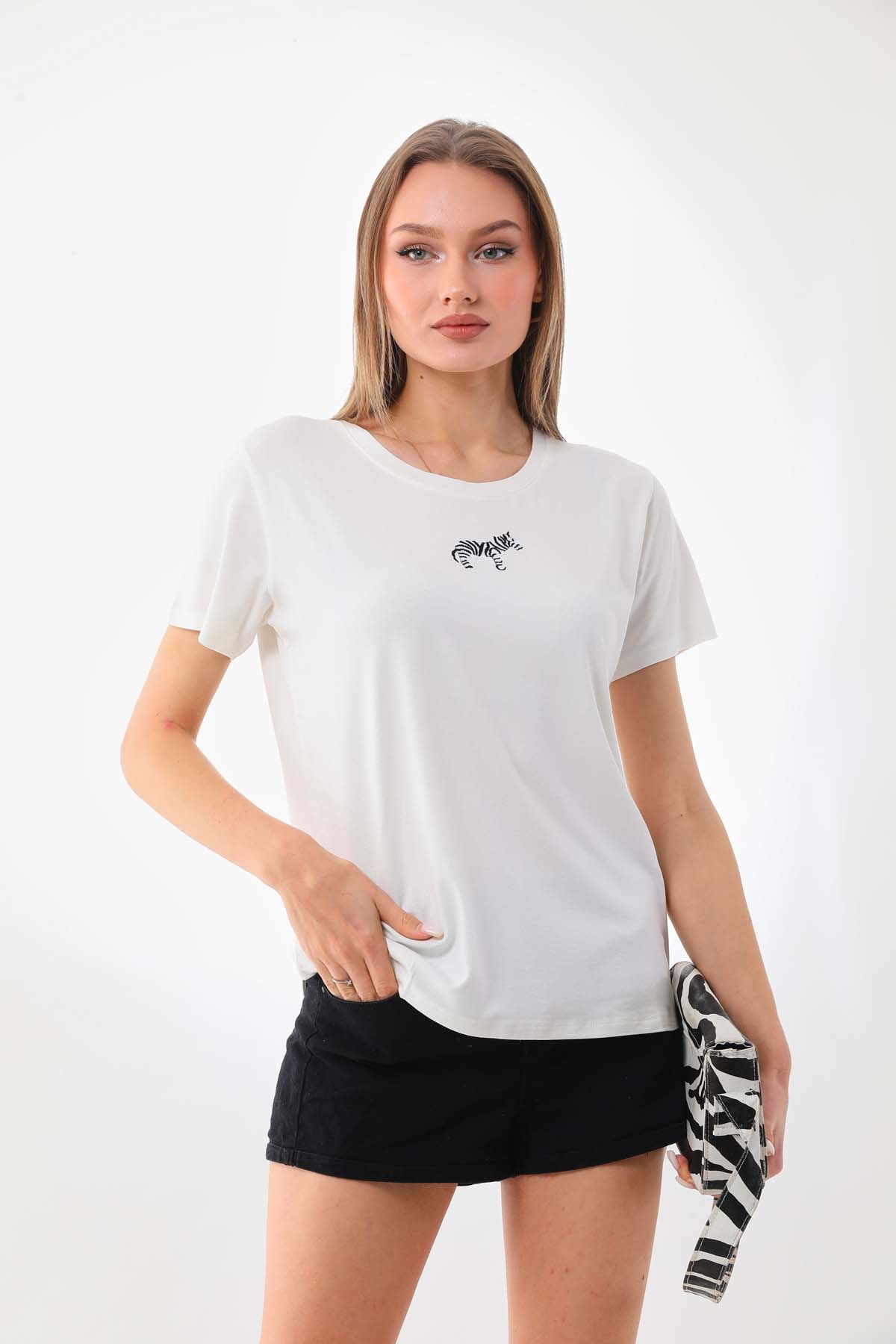 Sistas Kadın Zebra Desenli Kısa Kol Bluz 23118 Ekru - 3