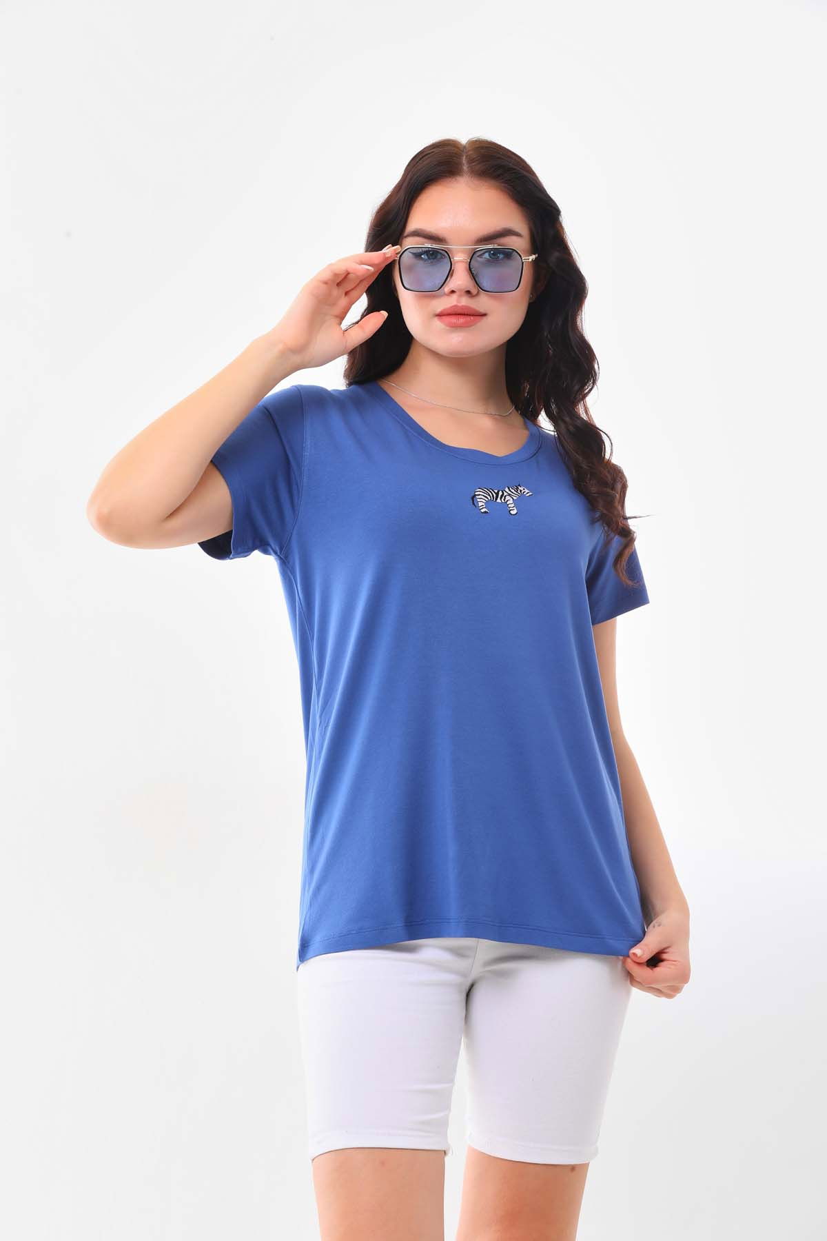 Sistas Kadın Zebra Desenli Kısa Kol Bluz 23118 Indigo - 1