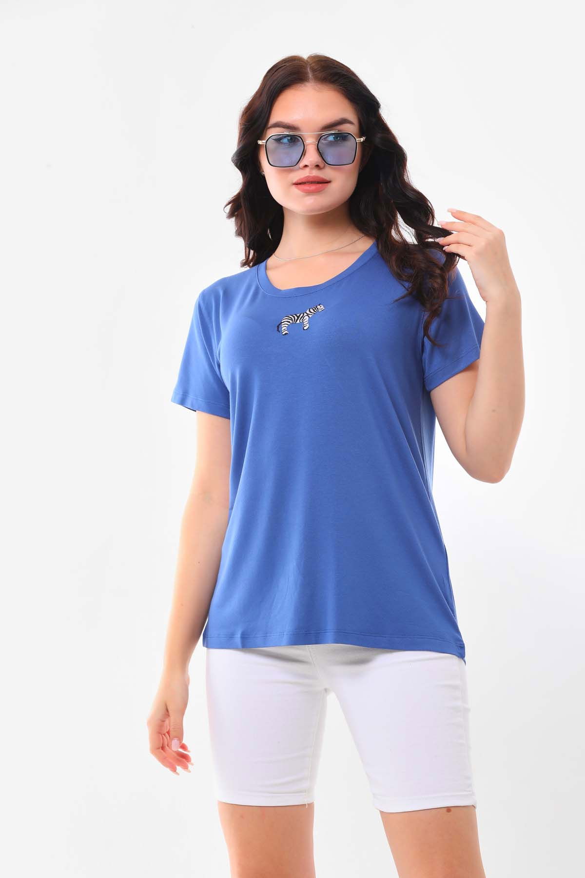 Sistas Kadın Zebra Desenli Kısa Kol Bluz 23118 Indigo - 3