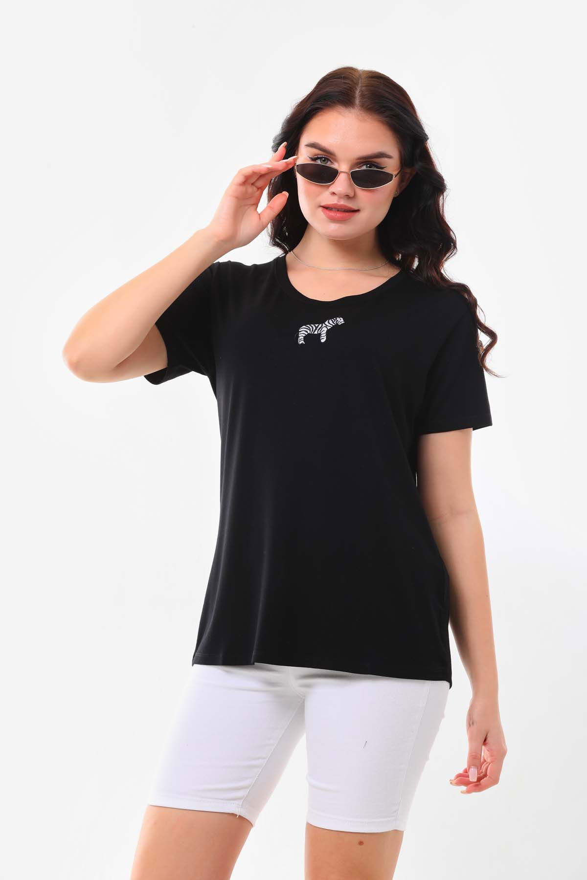 Sistas Kadın Zebra Desenli Kısa Kol Bluz 23118 Siyah - 1