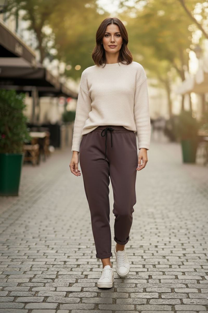 Sy & Black Kadın Çelik Örgü Beli Lastikli ve Bağcıklı Geniş Beden Aralıklı Jogger Pantolon 25P-03 Füme - 3