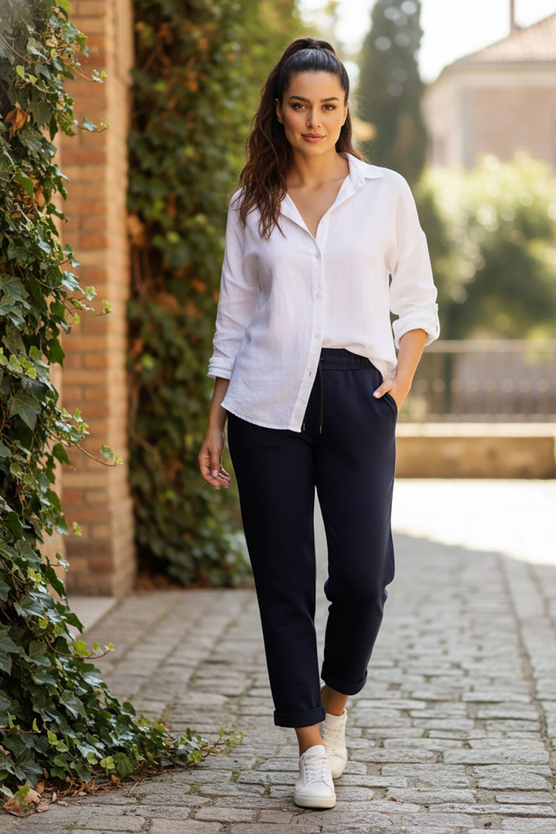 Sy & Black Kadın Çelik Örgü Beli Lastikli ve Bağcıklı Geniş Beden Aralıklı Jogger Pantolon 25P-03 Lacivert - Sy & Black