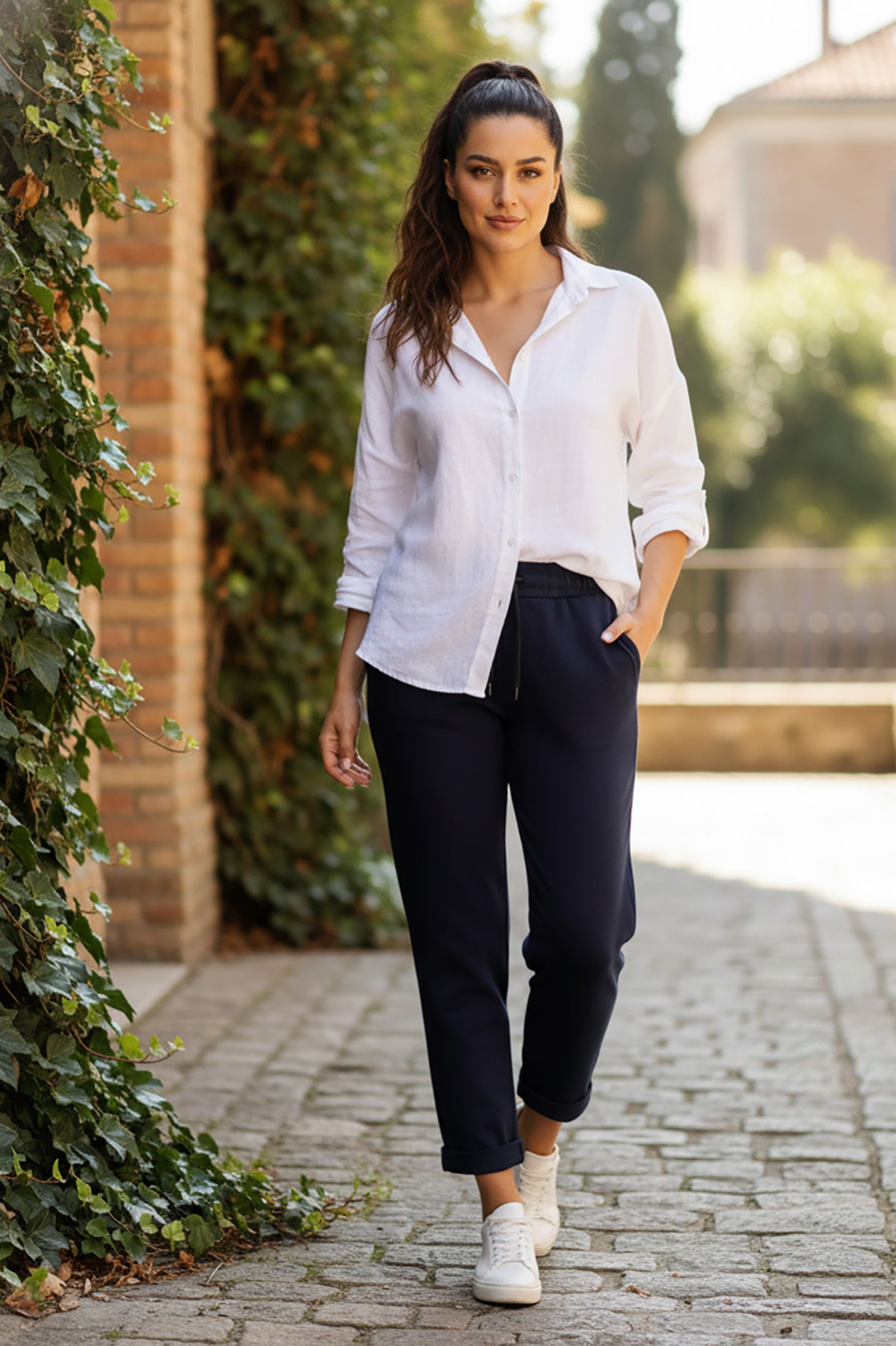 Sy & Black Kadın Çelik Örgü Beli Lastikli ve Bağcıklı Geniş Beden Aralıklı Jogger Pantolon 25P-03 Lacivert - 1