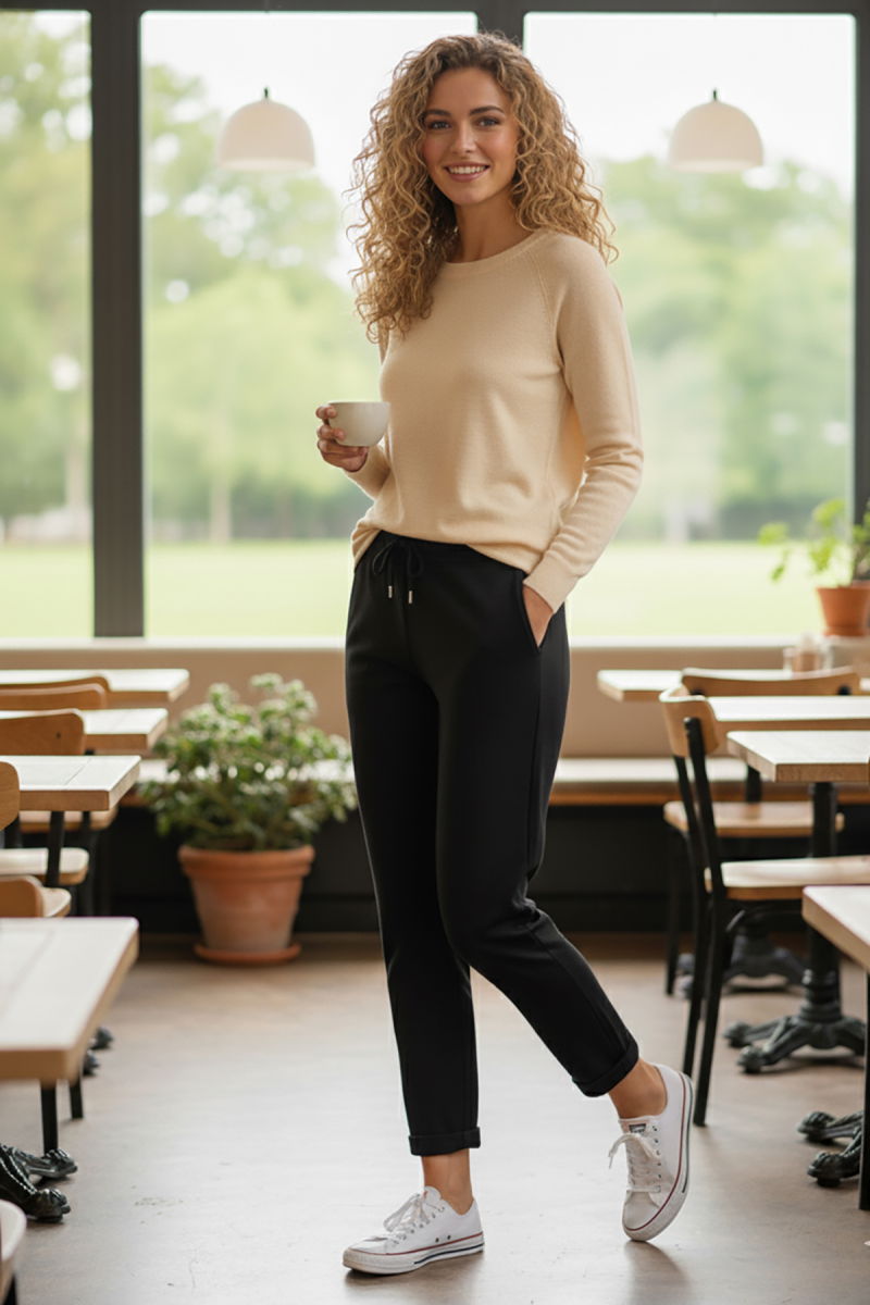 Sy & Black Kadın Çelik Örgü Beli Lastikli ve Bağcıklı Geniş Beden Aralıklı Jogger Pantolon 25P-03 Siyah - Sy & Black