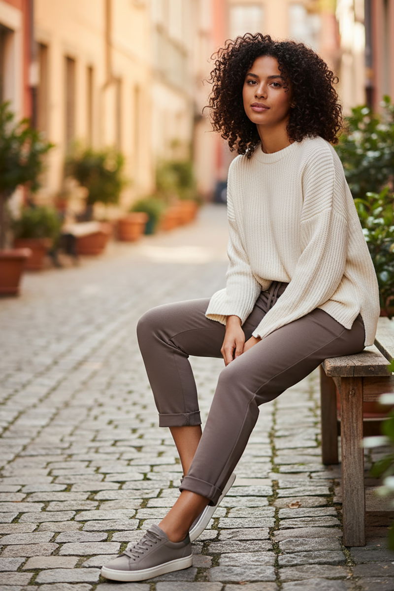 Sy & Black Kadın Çelik Örgü Beli Lastikli ve Bağcıklı Geniş Beden Aralıklı Jogger Pantolon 25P-03 Vizon - Sy & Black