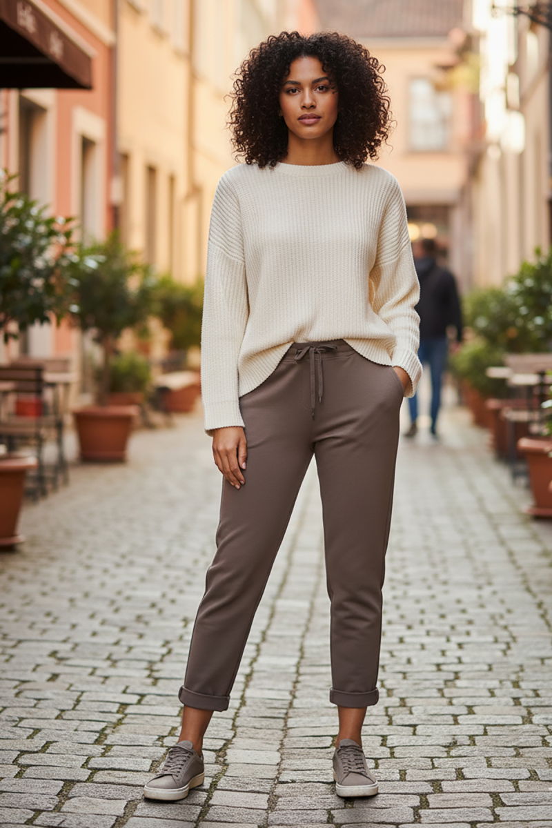 Sy & Black Kadın Çelik Örgü Beli Lastikli ve Bağcıklı Geniş Beden Aralıklı Jogger Pantolon 25P-03 Vizon - 2