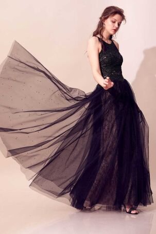 Tiara Kadın Eteği İnci Süslemeli Uzun Abiye Elbise 5946131 Siyah - 1