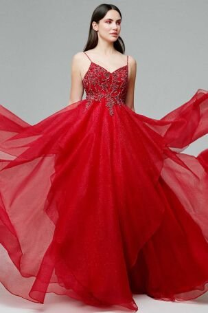 Tiara Kadın İnce Askılı İşlemeli Abiye Elbise 59460154 Kırmızı - 1