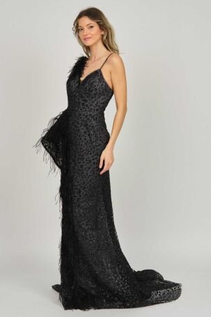Tiara Kadın Tül Detaylı Derin Yırtmaçlı Abiye Elbise 5946149 Siyah - 1
