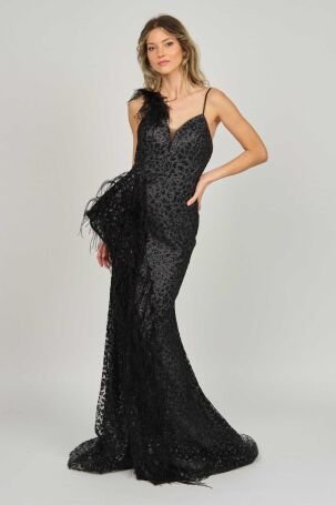 Tiara Kadın Tül Detaylı Derin Yırtmaçlı Abiye Elbise 5946149 Siyah - 3