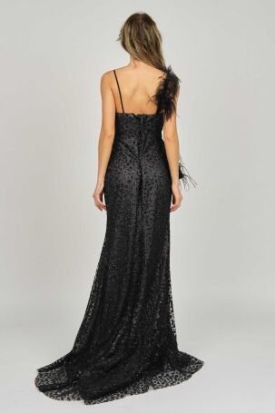 Tiara Kadın Tül Detaylı Derin Yırtmaçlı Abiye Elbise 5946149 Siyah - 5