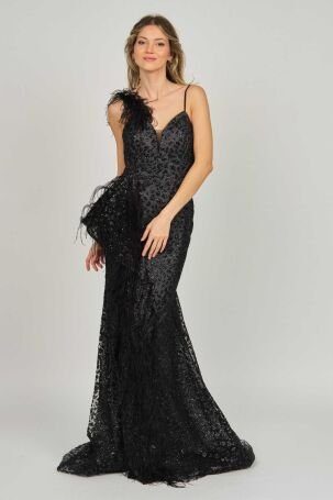 Tiara Kadın Tül Detaylı Derin Yırtmaçlı Abiye Elbise 5946149 Siyah - 7
