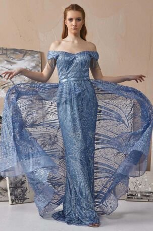 Tiara Kadın Tütülü Balık Form Abiye Elbise 260817 Mavi - 1