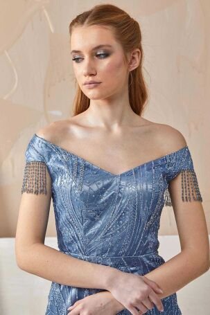 Tiara Kadın Tütülü Balık Form Abiye Elbise 260817 Mavi - 2