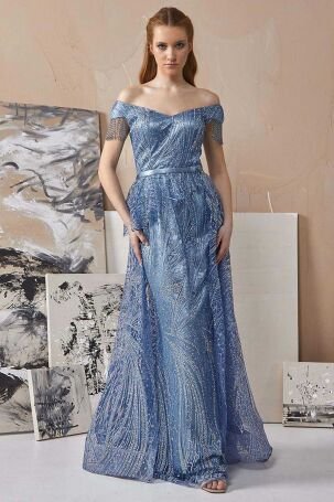Tiara Kadın Tütülü Balık Form Abiye Elbise 260817 Mavi - 3
