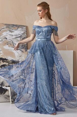 Tiara Kadın Tütülü Balık Form Abiye Elbise 260817 Mavi - 4