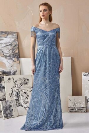 Tiara Kadın Tütülü Balık Form Abiye Elbise 260817 Mavi - 7