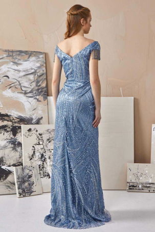 Tiara Kadın Tütülü Balık Form Abiye Elbise 260817 Mavi - 5